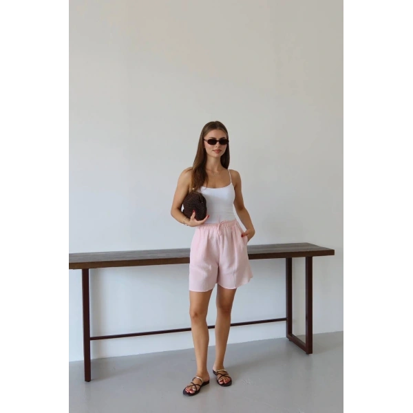 Müslin kumaş şort bağcıklı pembe pt