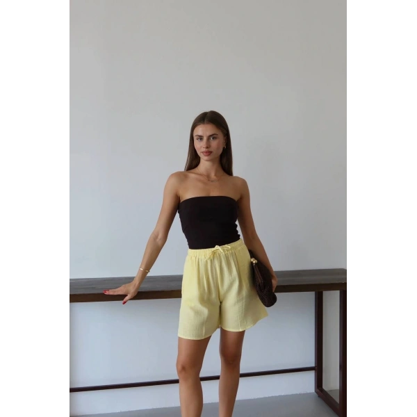 Müslin kumaş şort bağcıklı sarı pt
