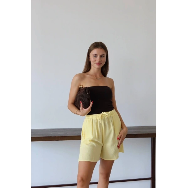 Müslin kumaş şort bağcıklı sarı pt
