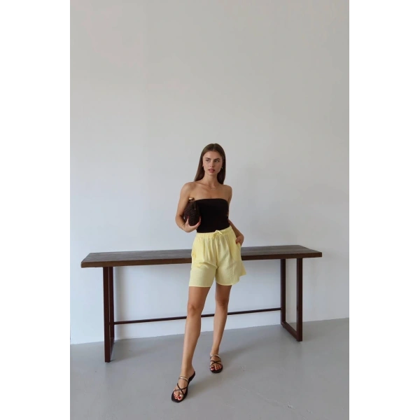 Müslin kumaş şort bağcıklı sarı pt