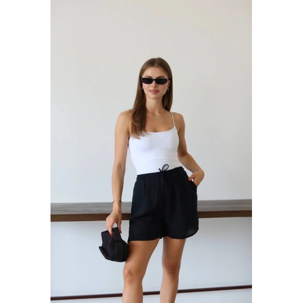 Müslin kumaş şort bağcıklı siyah pt