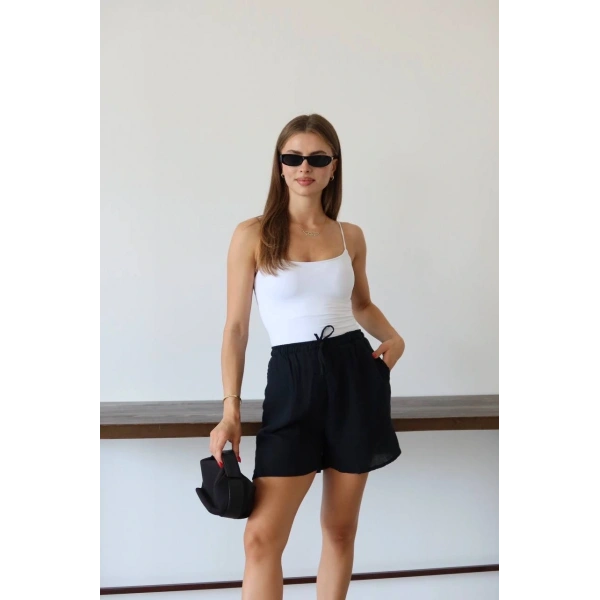 Müslin kumaş şort bağcıklı siyah pt