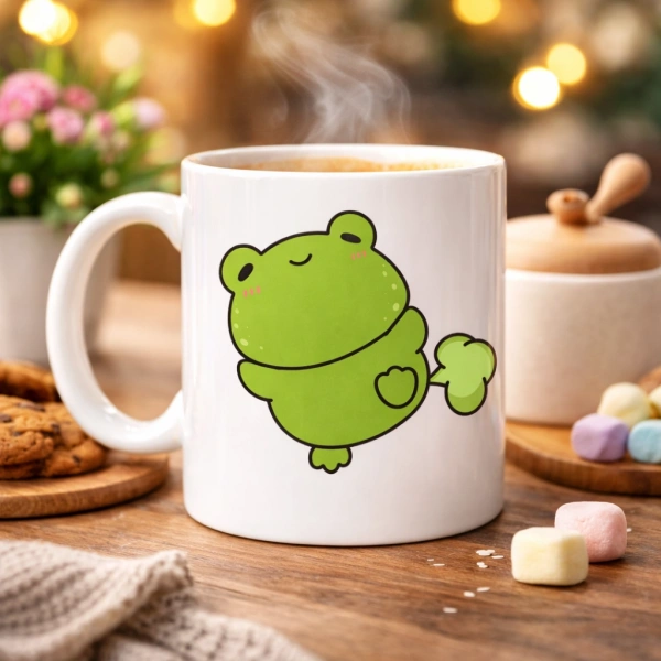 Mutlu Kurbağa Tasarımlı Porselen Kupa MODEL 91 – Eğlenceli, Tatlı ve Neşe Dolu Kahve Kupası