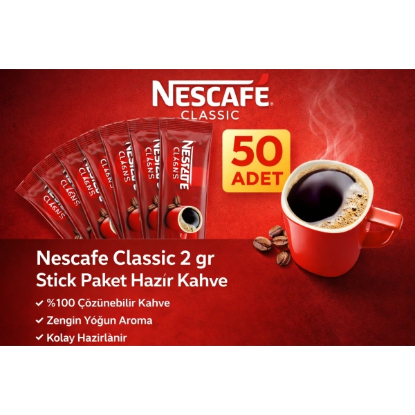 Nescafe Classic 2 gr 50 Adet Stick Paket Hazır Kahve %100 Çözünebilir Zengin Yoğun Aroma