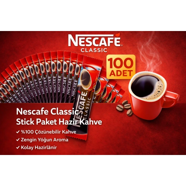 Nescafe Classic 2 gr Stick Hazır Kahve 100 Adet %100 Çözünebilir Yoğun Aromalı