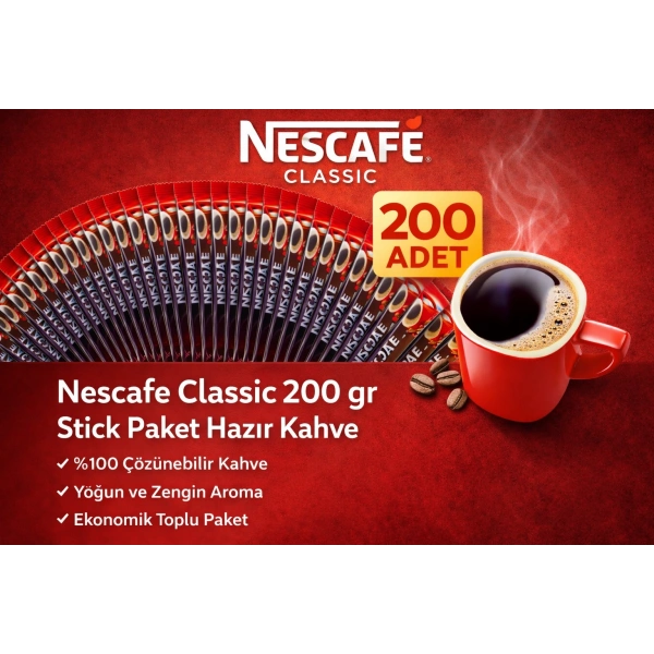 Nescafe Classic 2 gr Stick Hazır Kahve 200 Adet %100 Çözünebilir Yoğun Aromalı Ekonomik Paket