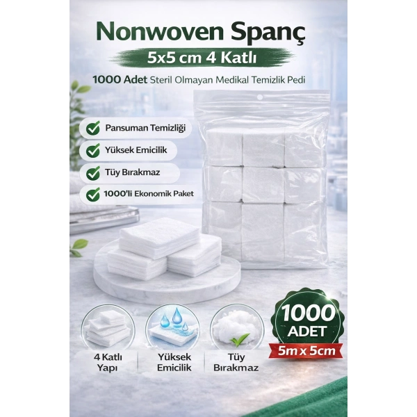 Nonwoven Spanç 5x5 cm 4 Katlı 1000 Adet Steril Olmayan Medikal Temizlik Pedi