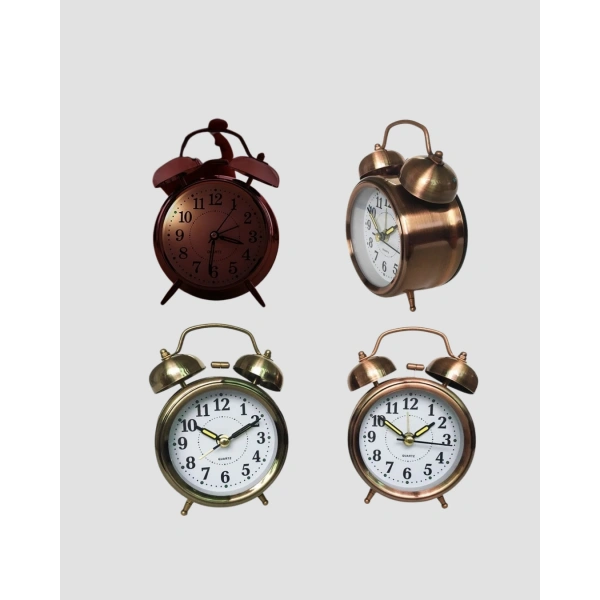Nostaljik Büyük Boy Metal Masa Saati Bronz Kaplama ve Yüksek Sesli Alarm