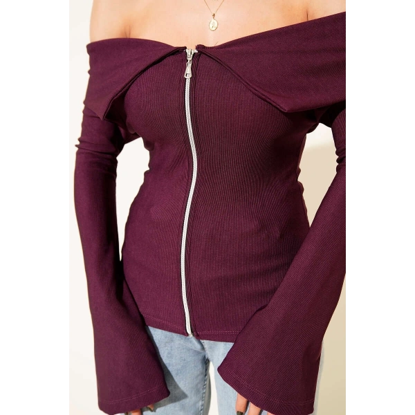 Omzu Açık Fermuarlı Bluz Mürdüm T4330