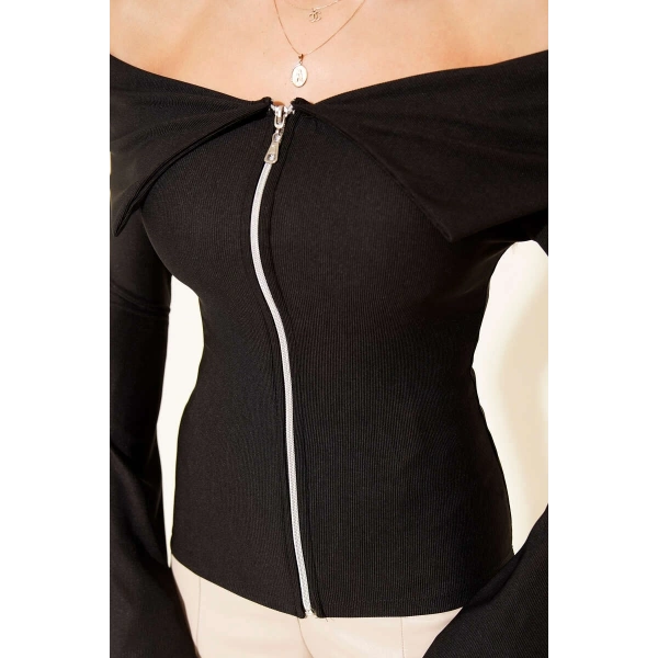 Omzu Açık Fermuarlı Bluz siyah T4330