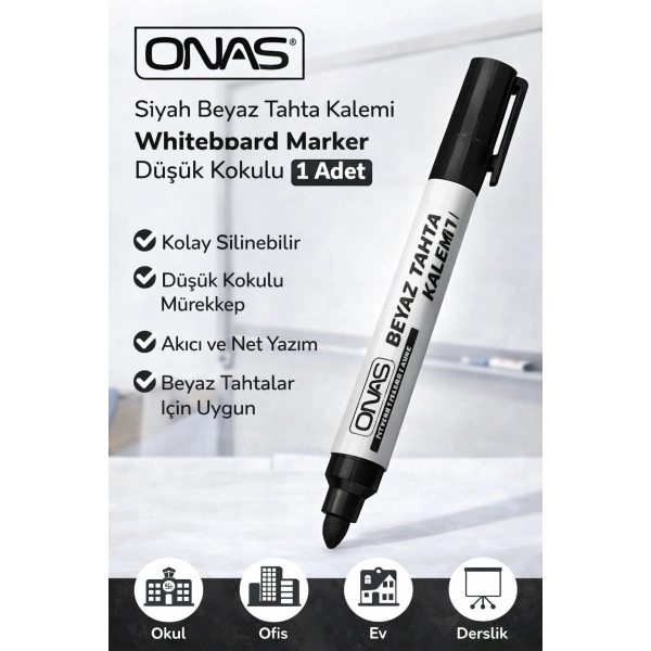 Onas Siyah Beyaz Tahta Kalemi Whiteboard Marker Düşük Kokulu 1 Adet