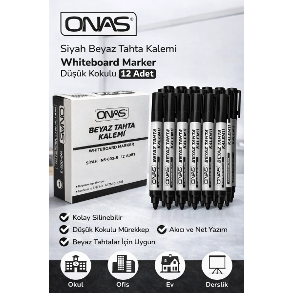 Onas Siyah Beyaz Tahta Kalemi Whiteboard Marker Düşük Kokulu 12 Adet Kutu