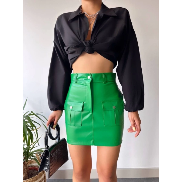 Önden iki cepli deri etek yeşil h240040