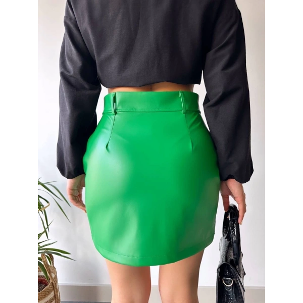 Önden iki cepli deri etek yeşil h240040