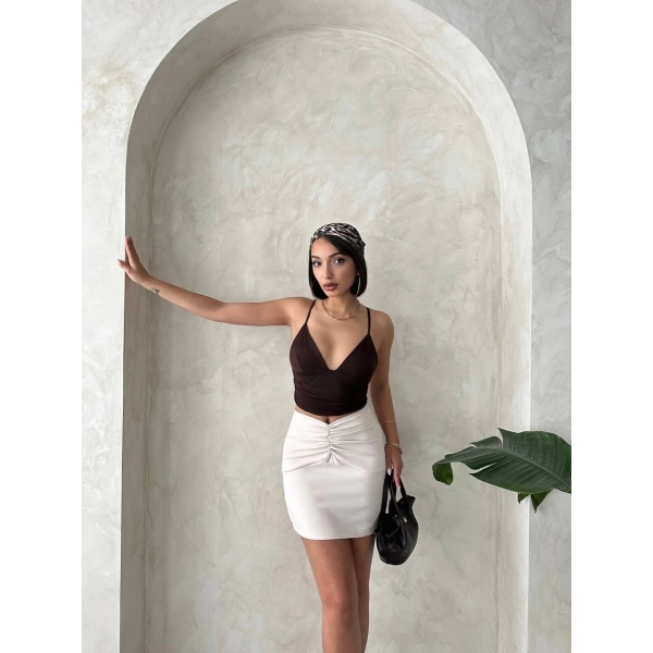 Önü büzgülü etek bej s24222