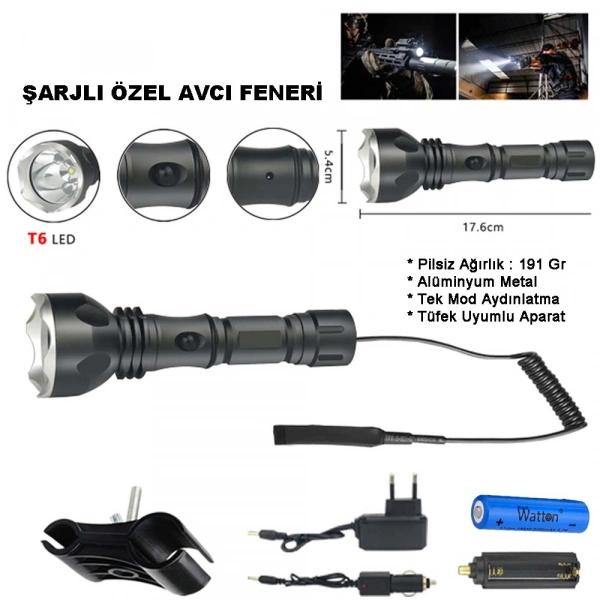 Orjinal 600 Lümen Tx6 Şarjlı Özel Avcı Feneri Watton Wt-253