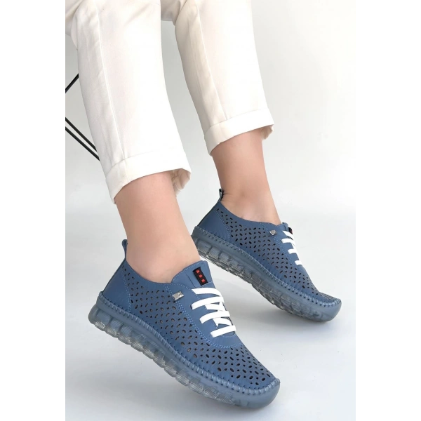 Otja Mavi Deri Lazerli Bağcıklı Spor Ayakkabı