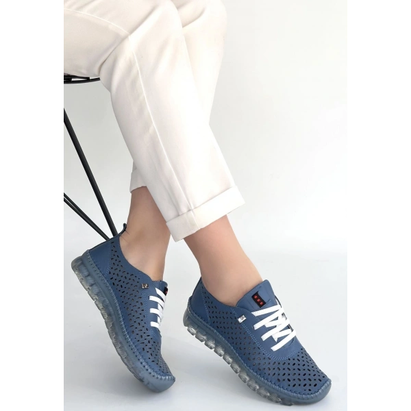 Otja Mavi Deri Lazerli Bağcıklı Spor Ayakkabı