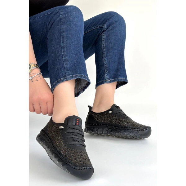 Otja Siyah Deri Lazerli Bağcıklı Spor Ayakkabı