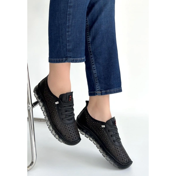 Otja Siyah Deri Lazerli Bağcıklı Spor Ayakkabı