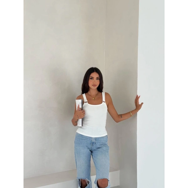 Ottoman toka askılı bluz beyaz s4194