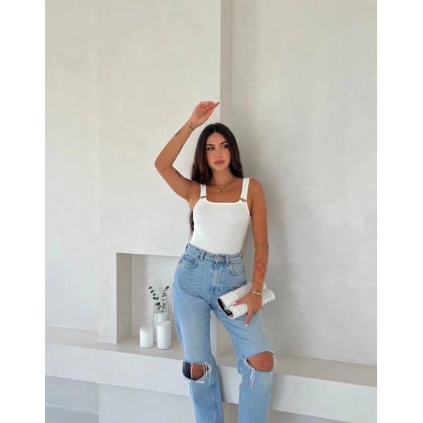 Ottoman toka askılı bluz beyaz s4194