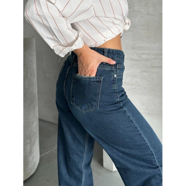 Palazzo bıyık enzim yıkama jeans pantolon koyu mavi d2008