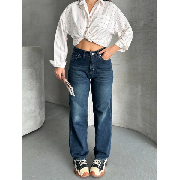 Palazzo bıyık enzim yıkama jeans pantolon koyu mavi d2008