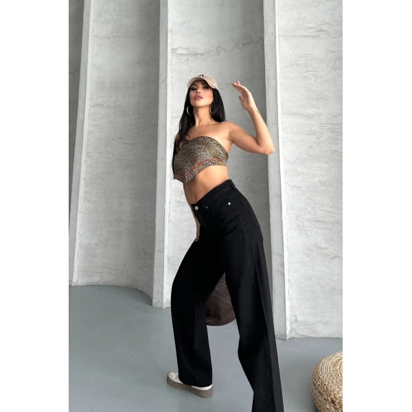 Palazzo straight enzim süper taş yıkama jeans pantolon siyah d2008