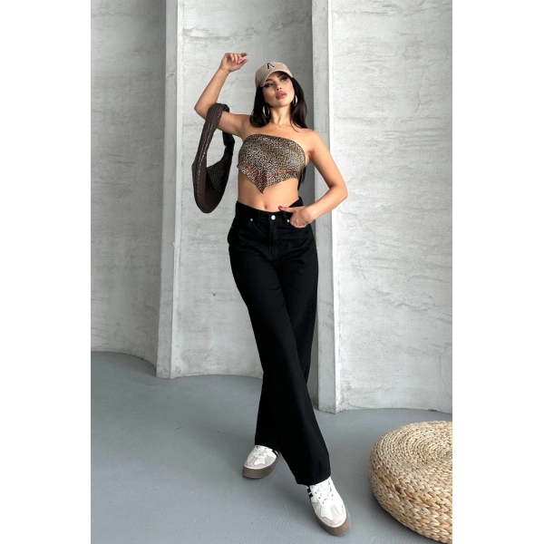 Palazzo straight enzim süper taş yıkama jeans pantolon siyah d2008