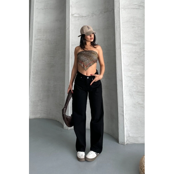 Palazzo straight enzim süper taş yıkama jeans pantolon siyah d2008