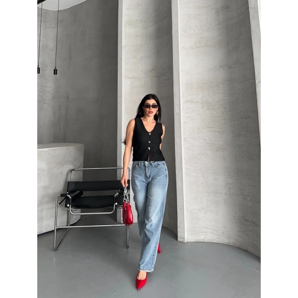 Palazzo straight kar yıkama jeans pantolon mavi d2008