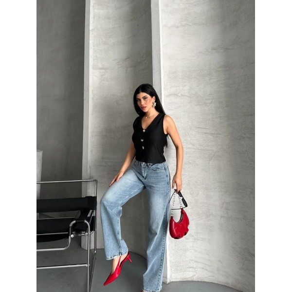 Palazzo straight kar yıkama jeans pantolon mavi d2008