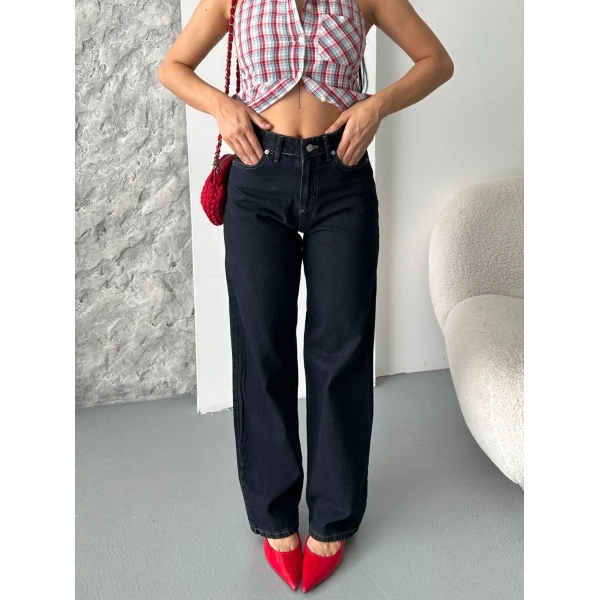 Palazzo süper taş enzim tint yıkama koyu lacivert jeans pantolon d2008