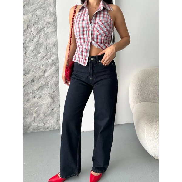 Palazzo süper taş enzim tint yıkama koyu lacivert jeans pantolon d2008