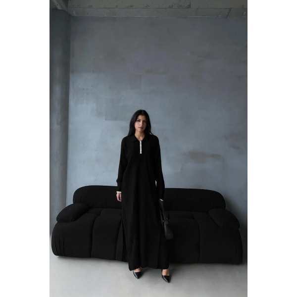 Pantolon yırtmaçlı elbise ikili triko takım siyah elf