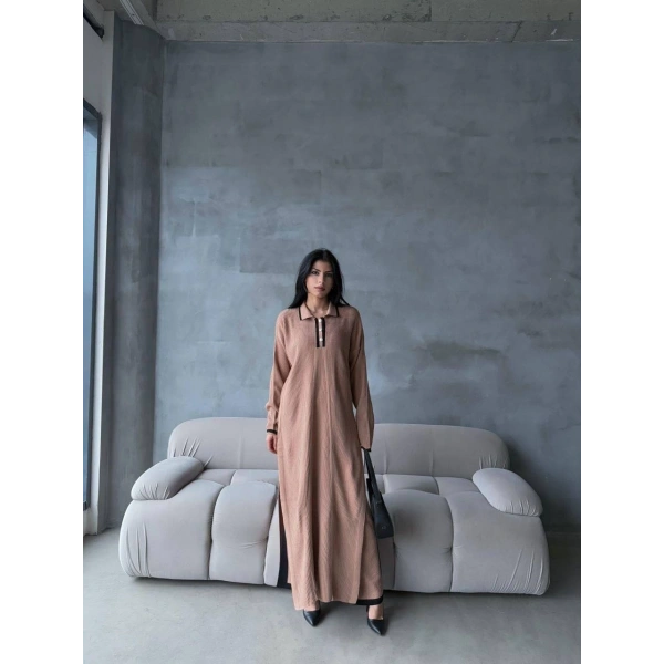 Pantolon yırtmaçlı elbise ikili triko takım vizon elf