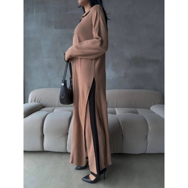 Pantolon yırtmaçlı elbise ikili triko takım vizon elf