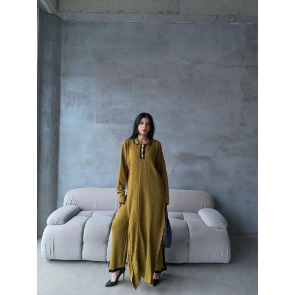 Pantolon yırtmaçlı elbise ikili triko takım yeşil elf