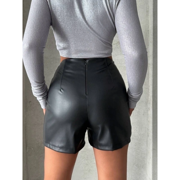 Parçalı cepli deri şort siyah w26312