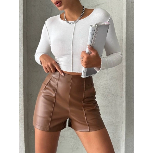 Parçalı cepli deri şort taba w26312