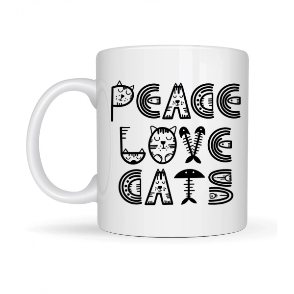 Peace Love Cats – Sevimli Kedi Desenli Porselen Kupa MODEL 60 Kahve & Çay Kupası