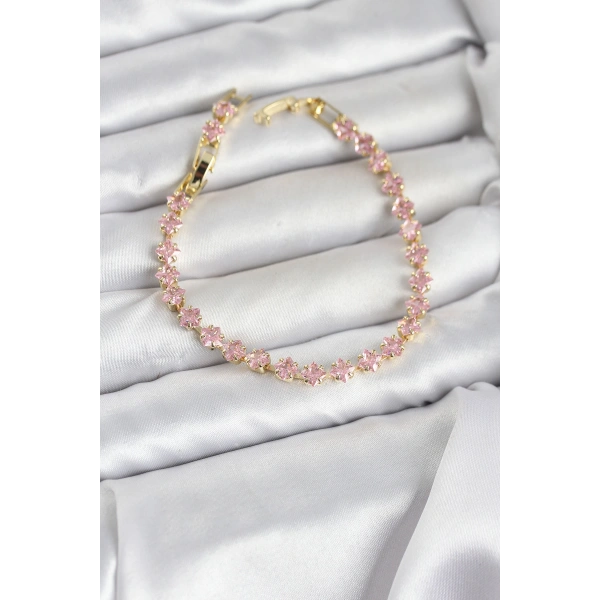 Pembe Kare Zirkon Taşlı Gold Renk Pirinç Su Yolu Kadın Bileklik