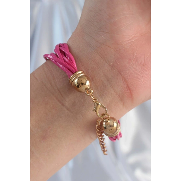 Pembe Renk Zirkon Taşlı İpli Çoklu Bileklik