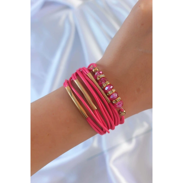 Pembe Renk Zirkon Taşlı Metal Aksesuarlı İpli Çoklu Bileklik