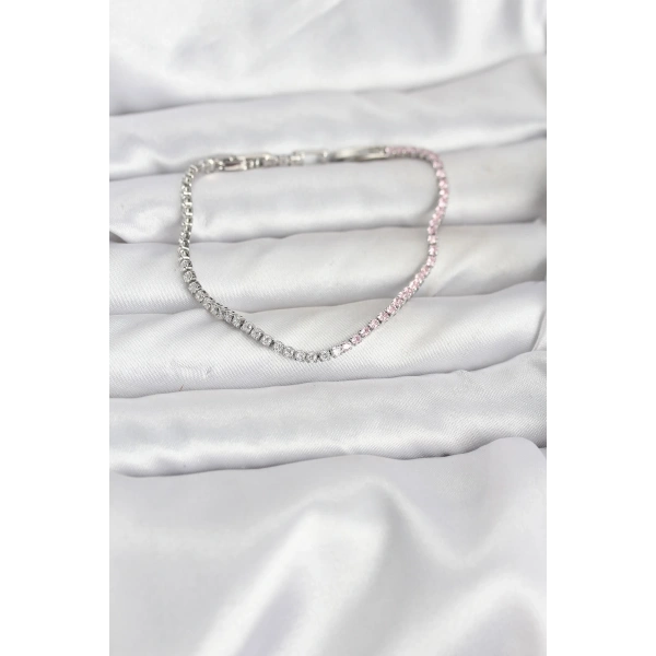 Pembe ve Beyaz Zirkon Taşlı Gümüş Renk Su Yolu Kadın Bileklik