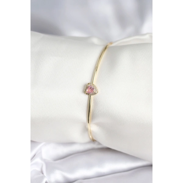 Pembe Zirkon Taşlı Kalp Model Gold Renk Kadın Bileklik