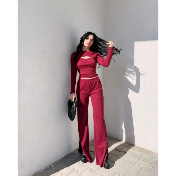 Pencereli detaylı alt üst takım bordo w3864