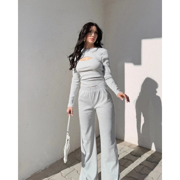 Pencereli detaylı alt üst takım gri w3864