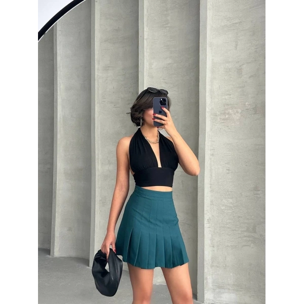 Pileli düğmeli etek yeşil s24811